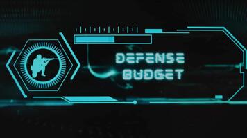 försvar budget inskrift på svart bakgrund. grafisk presentation med neon sensorer med skala och symbol av soldat. militär begrepp video