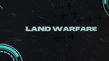 Land Warfare inscription on black background with stars disappearing with high speed. Graphic presentation with group of military aircrafts leaving smoke trails and active sensors. Military Concept video