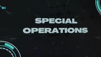 Special Operations inscription on black background with stars disappearing with high speed. Graphic presentation with group of military planes flying and active sensors. Military Concept video