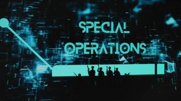 spécial opérations une inscription sur noir Contexte avec néon hologrammes. graphique présentation avec silhouettes de une groupe de soldats pleinement équipé. militaire concept video