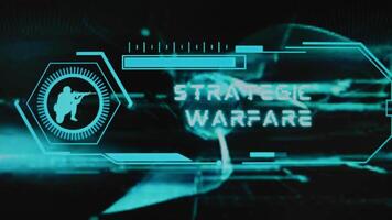 Strategic Warfare inscription on black background. Graphic presentation with neon sensors and symbol of soldier with gun. Military concept video