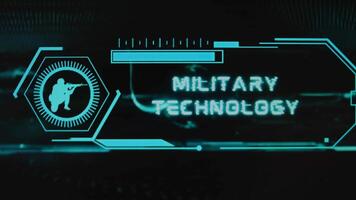 Military Technology inscription on black background. Graphic presentation with neon sensors and symbol of soldier with gun. Military concept video