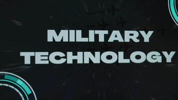 Military Technology inscription on black background with stars disappearing with high speed. Graphic presentation with flying military planes and sensors. Military Concept video