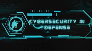 Cybersecurity in Defense inscription on black background. Graphic presentation with neon sensors with scale and symbol of soldier. Military concept video