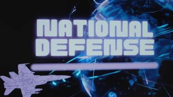 National Defense inscription on background of rotating Planet Earth hologram. Graphic presentation with flying military aircraft. Military concept video