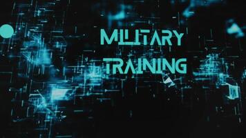 Military Training inscription on black background with neon holograms. Graphic presentation with silhouettes of soldiers with guns. Military concept video