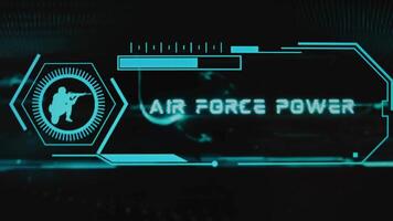 Air Force Power inscription on black background with holograms. Graphic presentation with neon sensors with scale and silhouette of soldier. Military concept video