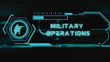 Military Operations inscription on black background. Graphic presentation with neon sensors with scale and symbol of soldier. Military concept video