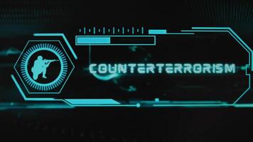 Counterterrorism inscription on black background. Graphic presentation with neon sensors with scale and silhouette of soldier with gun. Military concept video