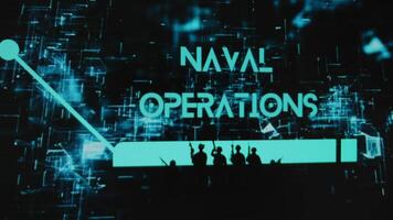 Naval Operations inscription on black background with neon holograms. Graphic presentation with silhouettes of a group of soldiers fully equipped. Military concept video