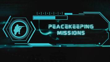 Peacekeeping Missions inscription on black background with holograms. Graphic presentation with neon sensors with scale and silhouette of soldier. Military concept video