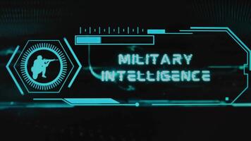 Military Intelligence inscription on black background. Graphic presentation with neon sensors with scale and silhouette of soldier with gun. Military concept video