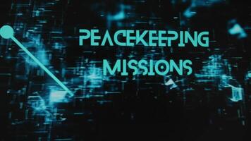 Peacekeeping Missions inscription on black background with neon holograms. Graphic presentation with silhouettes of soldiers with guns. Military concept video