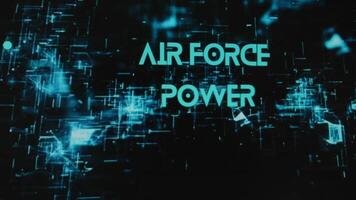 Air Force Power inscription on black background with neon holograms. Graphic presentation with silhouettes of soldiers with guns. Military concept video