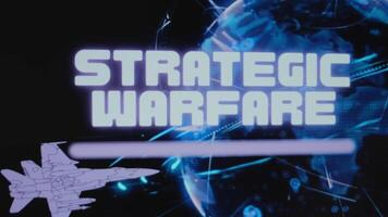 Strategic Warfare inscription on background of rotating Planet Earth hologram. Graphic presentation with flying military aircraft. Military concept video