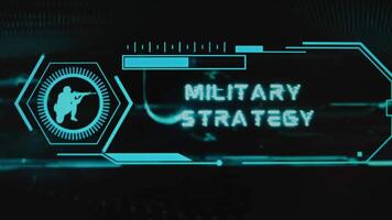 Military Strategy inscription on black background. Graphic presentation with neon sensors and symbol of soldier with gun. Military concept video