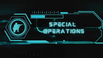 Special Operations inscription on black background. Graphic presentation with neon sensors with scale and silhouette of soldier with gun. Military concept video