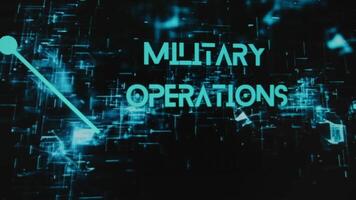 Military Operations inscription on black background with neon holograms. Graphic presentation with silhouettes of soldiers with guns and military equipment. Military concept video