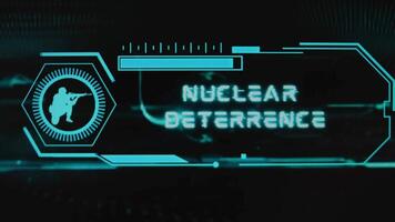 Nuclear Deterrence inscription on black background. Graphic presentation with neon sensors with scale and silhouette of soldier with gun. Military concept video