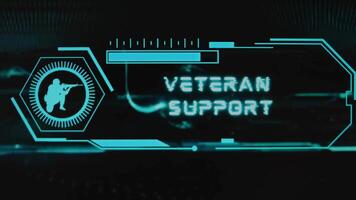 Veteran Support inscription on black background. Graphic presentation with neon sensors with scale and symbol of soldier. Military concept video