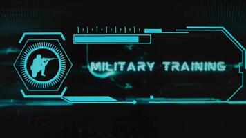 Military Training inscription on black background with holograms. Graphic presentation with neon sensors with scale and silhouette of soldier. Military concept video