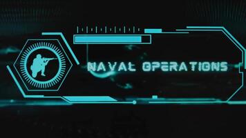 Naval Operations inscription on black background. Graphic presentation with neon sensors with scale and silhouette of soldier with gun. Military concept video