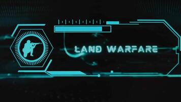 Land Warfare inscription on black background with holograms. Graphic presentation with neon sensors with scale and silhouette of soldier. Military concept video