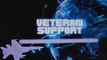 Veteran Support inscription on background of rotating Digital Earth hologram. Graphic presentation with flying military aircraft. Military concept video