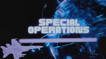 Special Operations inscription on background of rotating neon Digital Earth hologram. Graphic presentation with flying military plane. Military concept video