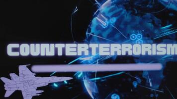 Counterterrorism inscription on background of rotating neon Digital Earth hologram. Graphic presentation with flying military plane. Military concept video