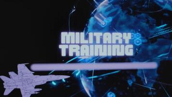 Military Training inscription on background of rotating Digital Earth hologram with cyberattack. Graphic presentation with flying military plane. Military concept video