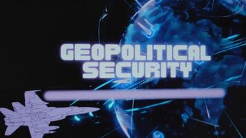 Geopolitical Security inscription on background of rotating Digital Earth hologram. Graphic presentation with flying military aircraft. Military concept video