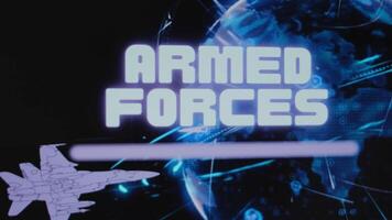 Armed Forces inscription on background of rotating Planet Earth hologram. Graphic presentation with flying military aircraft. Military concept video