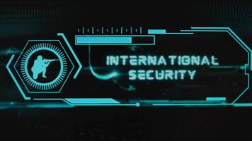 internazionale sicurezza iscrizione su nero sfondo con ologrammi. grafico presentazione con neon sensori con scala e silhouette di soldato. militare concetto video