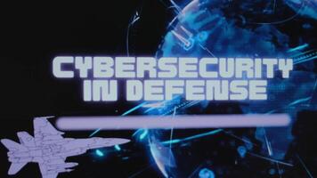 Cybersecurity in Defense inscription on background of rotating Digital Earth hologram. Graphic presentation with flying military aircraft. Military concept video