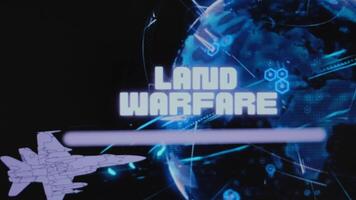 Land Warfare inscription on background of rotating Digital Earth hologram with cyberattack. Graphic presentation with flying military plane. Military concept video