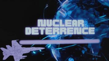 Nuclear Deterrence inscription on background of rotating neon Digital Earth hologram. Graphic presentation with flying military plane. Military concept video