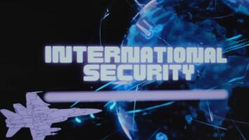 International Security inscription on background of rotating Digital Earth hologram with rocket attacks. Graphic presentation with flying military plane. Military concept video