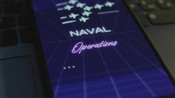 Naval Operations inscription on smartphone screen with dark blue background with linear perspective. Graphic presentation with military aircrafts with smoke trails. Military concept. Light rays video