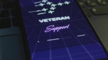 Veteran Support inscription on smartphone screen with dark blue background with linear perspective. Graphic presentation with flying military planes with smoke trails. Military concept. Light rays video