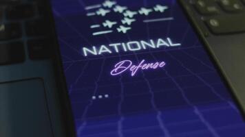 National Defense inscription on smartphone screen with dark blue background with linear perspective. Graphic presentation with flying military planes. Military concept. Light rays video
