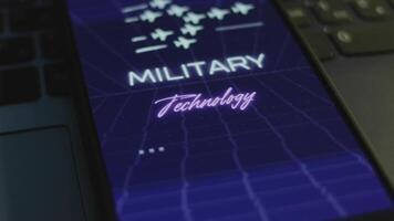 Military Technology inscription on smartphone screen with dark blue background with linear perspective. Graphic presentation with flying military planes. Military concept. Light rays video