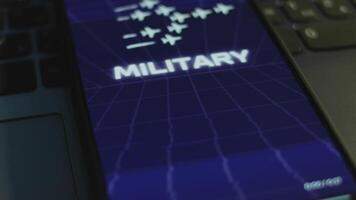 Military Strategy inscription on smartphone screen with dark blue background with linear perspective. Graphic presentation with flying military planes. Military concept. Light rays video