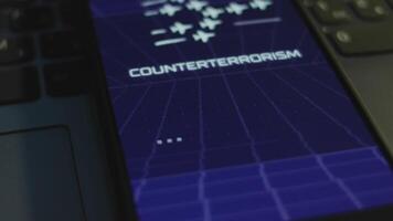 Counterterrorism inscription on smartphone screen with dark blue background with linear perspective. Graphic presentation with military aircrafts with smoke trails. Military concept. Light rays video