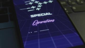 spécial opérations une inscription sur téléphone intelligent écran avec foncé bleu Contexte avec linéaire perspective. graphique présentation avec militaire avions avec fumée les sentiers. militaire concept. lumière des rayons video