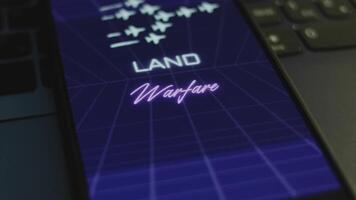 Land Warfare inscription on smartphone screen with dark blue background with linear perspective. Graphic presentation with a group of military planes leaving smoke trails. Military concept. Light rays video