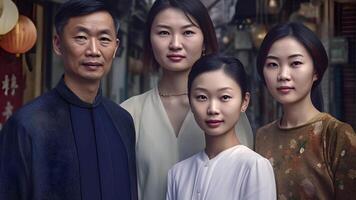ai gegenereerd portret van een groot gelukkig Aziatisch familie glimlachen naar camera buitenshuis. gegenereerd door ai. diavoorstelling video