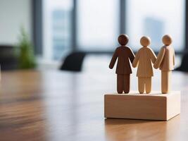 AI generated A series of wooden people business teamwork holding hands. photo