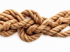 AI generated A rustic rope with a complex knot in the middle, isolated on white background. photo