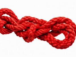 AI generated A tangle of matted red rope on a white background, complex knot, tangle mess, picture for troubleshooting. photo